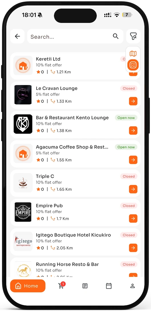 The KwiGO app's list of merchants near you, with their offers