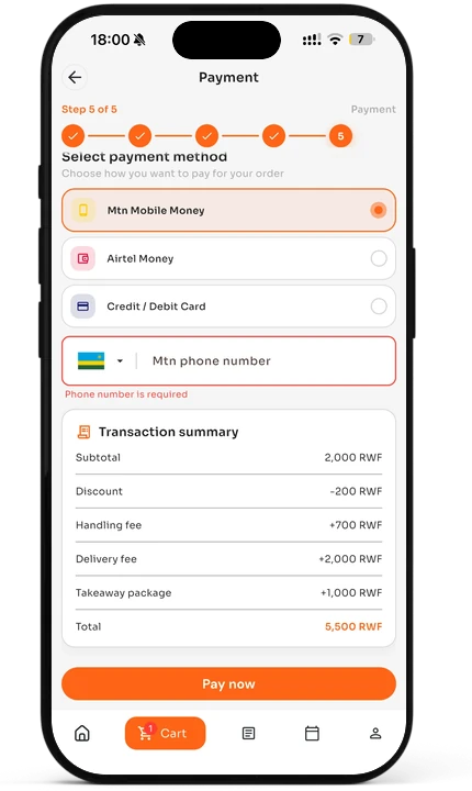 The KwiGO app's payment step: MTN Mobile Money, Airtel Money or a card