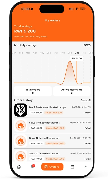 The KwiGO app's orders page with total and monthly savings